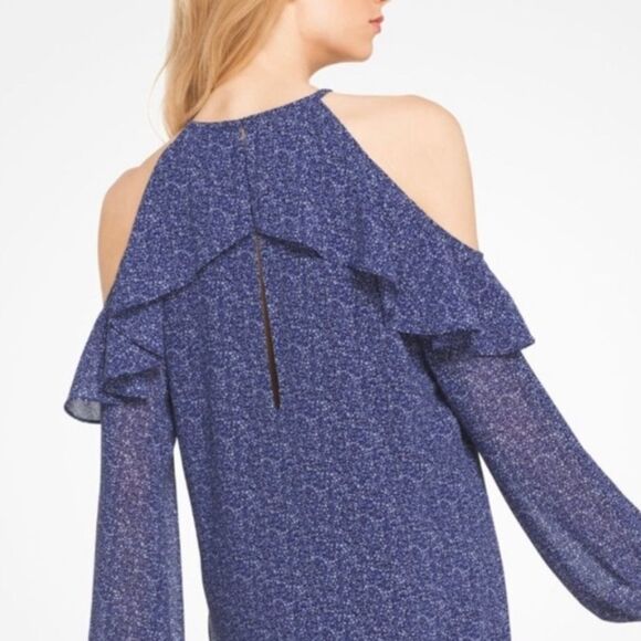 MICHAEL KORS Blue Floral Print Ruffle Trim Cold Shoulder Poly Chiffon Dress - Picture 2 of 12